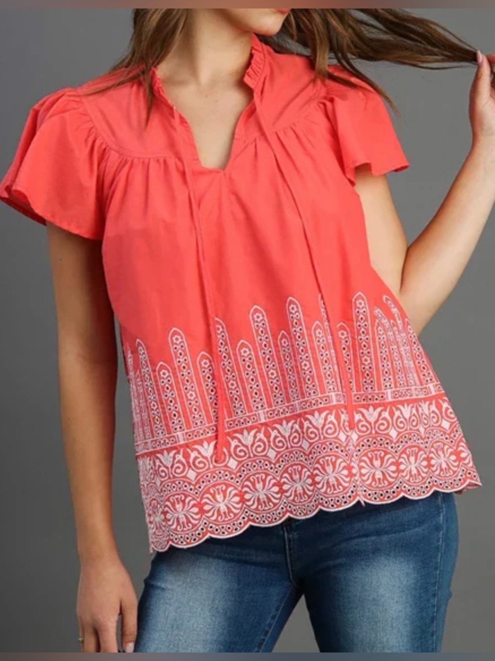 Gaudie Ruffle Tie Front Embroidery Scalloped Short Sleeve Top Size Large EUC